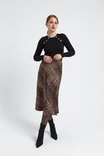 Charger le modèle 3D dans le visionneur de galerie, JUPE SATINE IMPRIME LEOPARD LEOPOLD MARRON