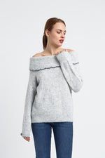 Charger le modèle 3D dans le visionneur de galerie, PULL FEMME COL BATEAU AMBRE GRIS CLAIR