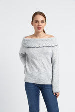 Charger le modèle 3D dans le visionneur de galerie, PULL FEMME COL BATEAU AMBRE GRIS CLAIR