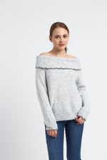 Charger le modèle 3D dans le visionneur de galerie, PULL FEMME COL BATEAU AMBRE GRIS CLAIR