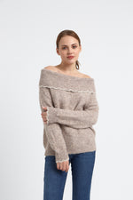 Charger le modèle 3D dans le visionneur de galerie, PULL FEMME COL BATEAU AMBRE CAMEL CLAIR