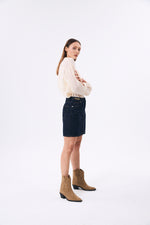 Charger le modèle 3D dans le visionneur de galerie, MINI JUPE EN JEAN VAGUE BRUT NAVY