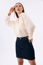 Charger le modèle 3D dans le visionneur de galerie, MINI JUPE EN JEAN VAGUE BRUT NAVY