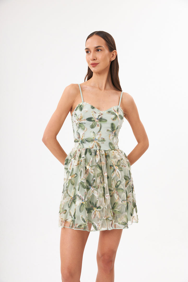 ROBE ÉTOILÉE FLEUR 3D VERT