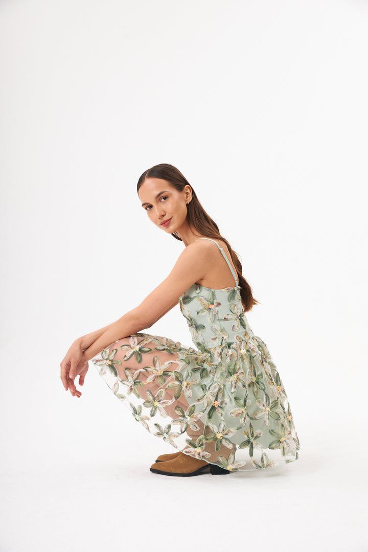 ROBE ÉTOILÉE FLEUR 3D VERT