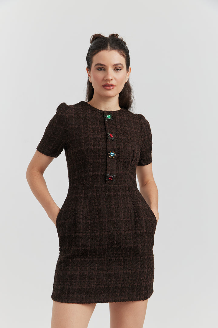 ROBE MIREA TWEED BIJOUX CHOCO