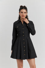 Charger le modèle 3D dans le visionneur de galerie, ROBE CHEMISE EN JEAN AVEC POCHES AVALYN NOIR