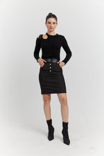 Charger le modèle 3D dans le visionneur de galerie, ENSEMBLE TOP MAILLE ET JUPE JEAN OLYSSIA NOIR