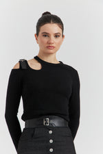 Charger le modèle 3D dans le visionneur de galerie, ENSEMBLE TOP MAILLE ET JUPE JEAN OLYSSIA NOIR