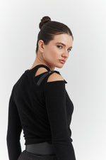 Charger le modèle 3D dans le visionneur de galerie, ENSEMBLE TOP MAILLE ET JUPE JEAN OLYSSIA NOIR