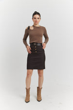 Charger le modèle 3D dans le visionneur de galerie, ENSEMBLE TOP MAILLE ET JUPE JEAN OLYSSIA MARRON