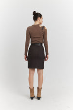 Charger le modèle 3D dans le visionneur de galerie, ENSEMBLE TOP MAILLE ET JUPE JEAN OLYSSIA MARRON