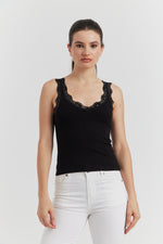 Charger le modèle 3D dans le visionneur de galerie, DEBARDEUR ENCOLURE ET BRETELLE DENTELLE ELOREN NOIR