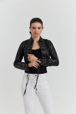 Charger le modèle 3D dans le visionneur de galerie, VESTE FAUX CUIR LACET TRESSE ROSALYN NOIR