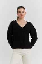 Charger le modèle 3D dans le visionneur de galerie, PULL GROSSE MAILLE V CYNEA NOIR