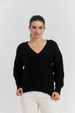 Charger le modèle 3D dans le visionneur de galerie, PULL GROSSE MAILLE V CYNEA NOIR