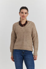 Charger le modèle 3D dans le visionneur de galerie, PULL GROSSE MAILLE V CYNEA TAUPE