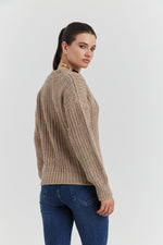 Charger le modèle 3D dans le visionneur de galerie, PULL GROSSE MAILLE V CYNEA TAUPE