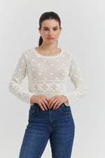 Charger le modèle 3D dans le visionneur de galerie, PULL COURT FACON CROCHET FANTAISIE AMYRIA ECRU