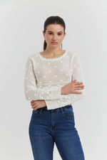 Charger le modèle 3D dans le visionneur de galerie, PULL COURT FACON CROCHET FANTAISIE AMYRIA ECRU