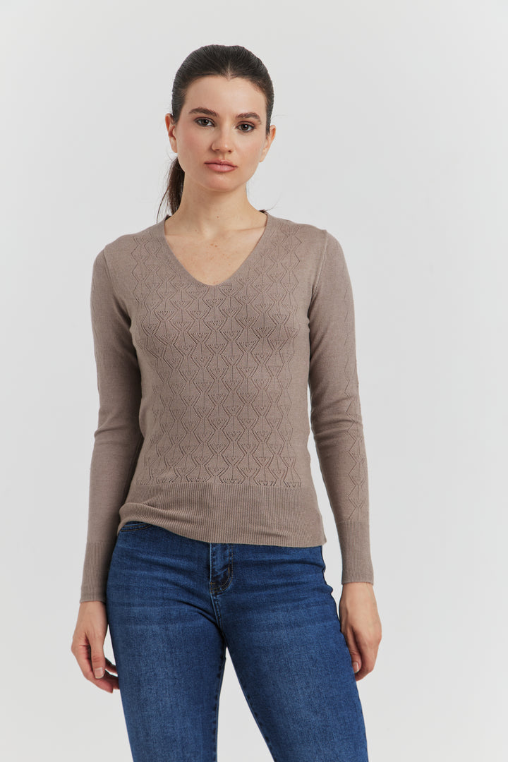 PULL V FANTAISIE AJOURE LYRIA TAUPE