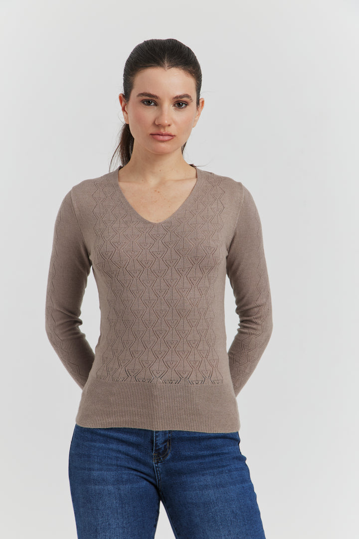 PULL V FANTAISIE AJOURE LYRIA TAUPE