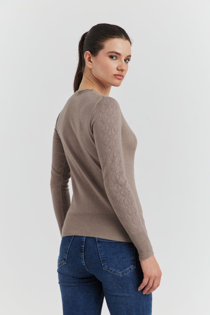 PULL V FANTAISIE AJOURE LYRIA TAUPE