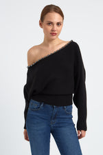 Charger le modèle 3D dans le visionneur de galerie, PULL FEMME COL BATEAU PERLES ALBA REGLISSE