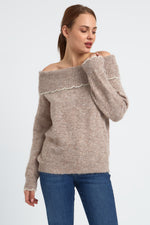 Charger le modèle 3D dans le visionneur de galerie, PULL FEMME COL BATEAU AMBRE CAMEL CLAIR