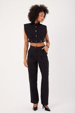 Charger le modèle 3D dans le visionneur de galerie, ENSEMBLE PANTALON VESTE SANS MANCHES CROP FEMME PAOLINA NOIR