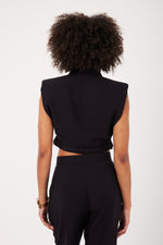 Charger le modèle 3D dans le visionneur de galerie, ENSEMBLE PANTALON VESTE SANS MANCHES CROP FEMME PAOLINA NOIR