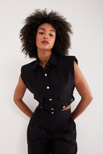 Charger le modèle 3D dans le visionneur de galerie, ENSEMBLE PANTALON VESTE SANS MANCHES CROP FEMME PAOLINA NOIR