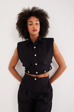 Charger le modèle 3D dans le visionneur de galerie, ENSEMBLE PANTALON VESTE SANS MANCHES CROP FEMME PAOLINA NOIR