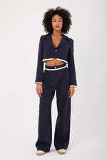 Charger le modèle 3D dans le visionneur de galerie, ENSEMBLE VESTE ET PANTALON RAYURE TENNIS FEMME BLANCHERAY FOND MARINE