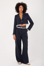 Charger le modèle 3D dans le visionneur de galerie, ENSEMBLE VESTE ET PANTALON RAYURE TENNIS FEMME BLANCHERAY FOND MARINE