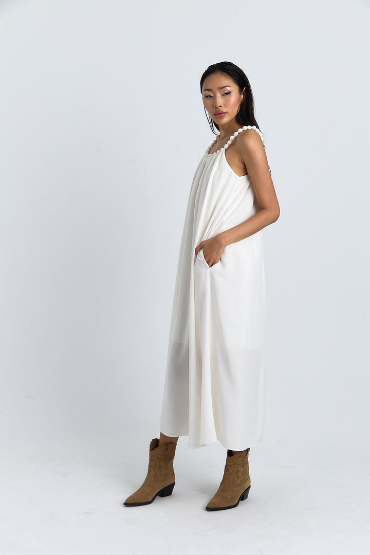 ROBE LONGUE COTON BRETELLE FANTAISIE (BOULE) CALISTA ECRU
