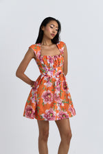 Charger le modèle 3D dans le visionneur de galerie, ROBE COTON AURORE IMPRIME FLEUR FOND ORANGE