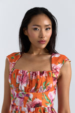Charger le modèle 3D dans le visionneur de galerie, ROBE COTON AURORE IMPRIME FLEUR FOND ORANGE