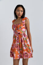 Charger le modèle 3D dans le visionneur de galerie, ROBE COTON AURORE IMPRIME FLEUR FOND ORANGE