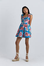 Charger le modèle 3D dans le visionneur de galerie, ROBE COTON AURORE IMPRIME FLEUR FOND BLEU