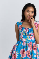 Charger le modèle 3D dans le visionneur de galerie, ROBE COTON AURORE IMPRIME FLEUR FOND BLEU