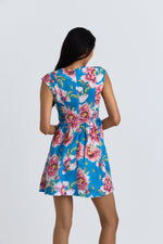 Charger le modèle 3D dans le visionneur de galerie, ROBE COTON AURORE IMPRIME FLEUR FOND BLEU