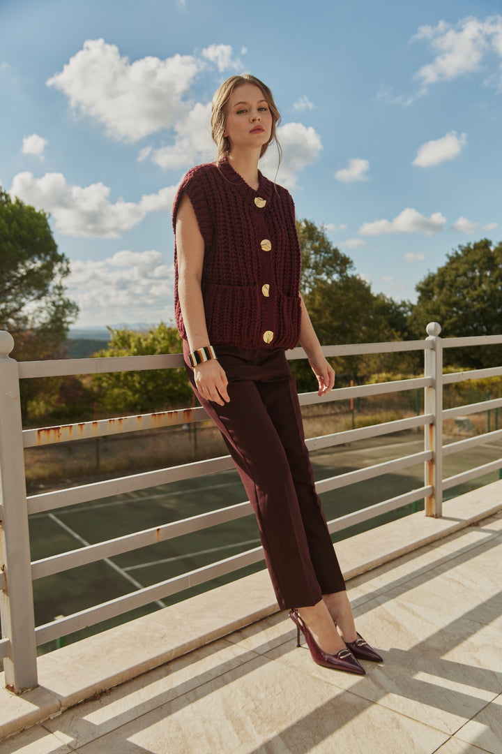 GILET GROSSES MAILLES SANS MANCHES LYVEN BORDEAUX