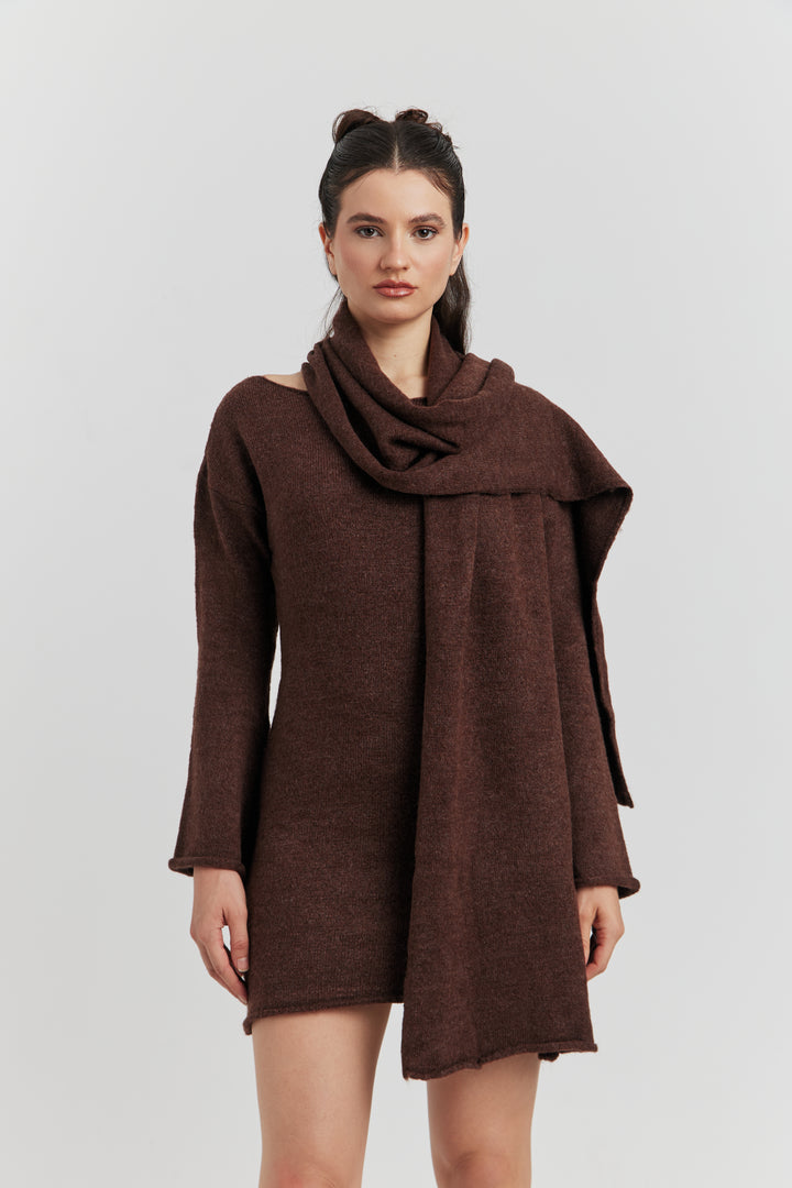 ROBE PULL MAILLE AVEC ECHARPE SELIANE CHOCOLAT