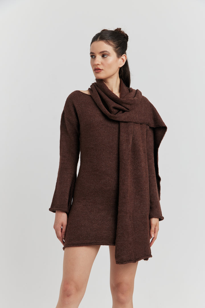 ROBE PULL MAILLE AVEC ECHARPE SELIANE CHOCOLAT