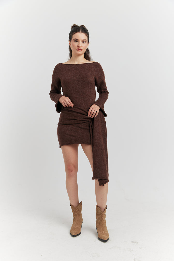 ROBE PULL MAILLE AVEC ECHARPE SELIANE CHOCOLAT