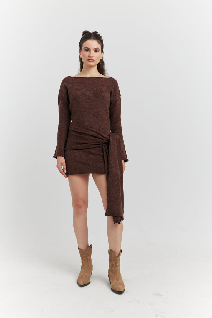 ROBE PULL MAILLE AVEC ECHARPE SELIANE CHOCOLAT