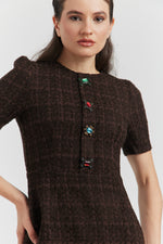 Charger le modèle 3D dans le visionneur de galerie, ROBE MIREA TWEED BIJOUX CHOCO
