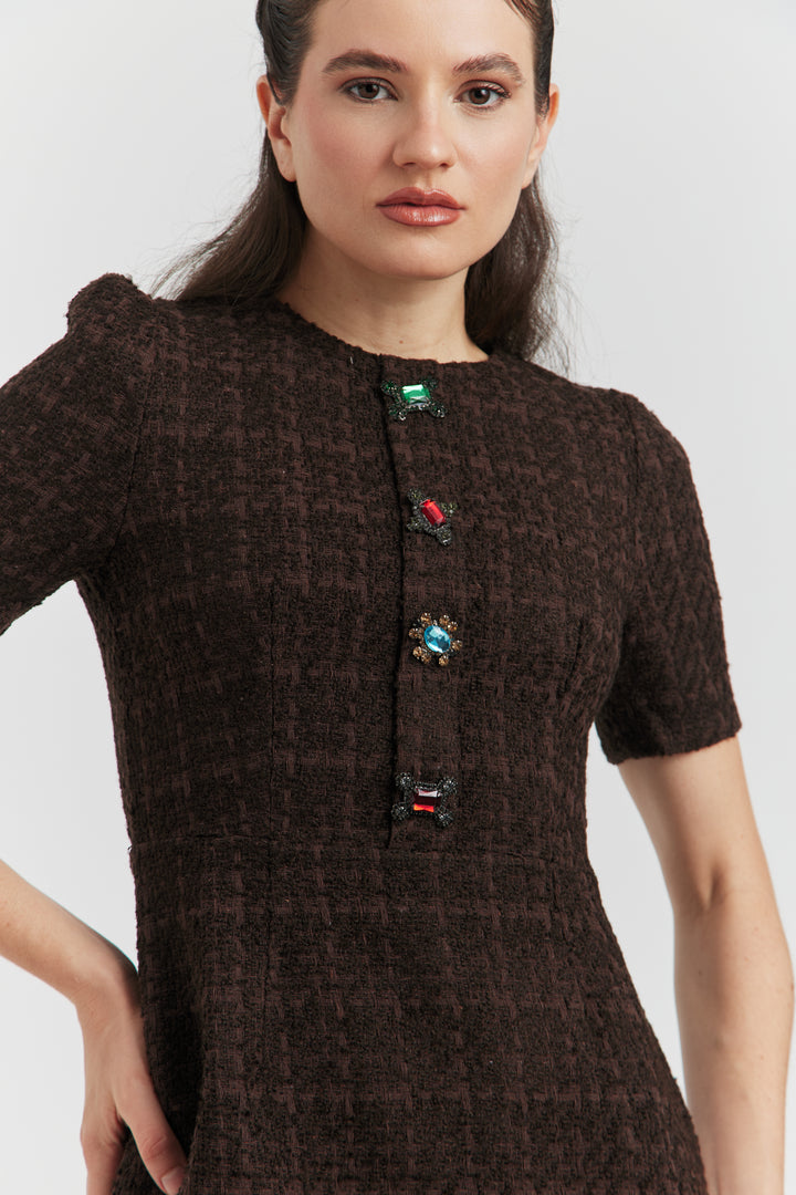 ROBE MIREA TWEED BIJOUX CHOCO