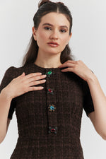 Charger le modèle 3D dans le visionneur de galerie, ROBE MIREA TWEED BIJOUX CHOCO
